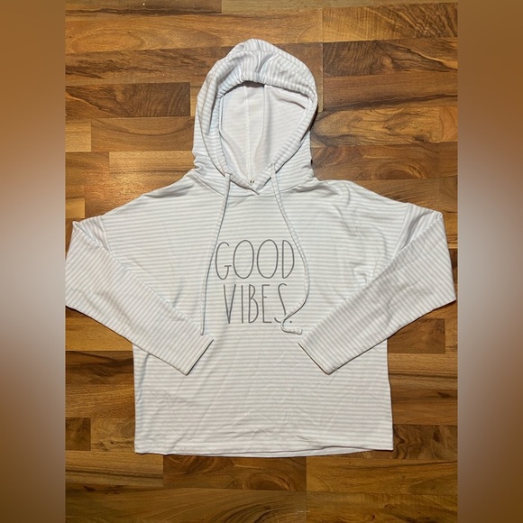 Rae Dunn Women's GOOD VIBES Soft Hoodie Sweatshirt Pale Sage Striped Size XS - Picture 4 of 8